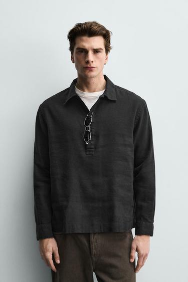 COTTON/LINEN POLO SHIRT - Black by Zara