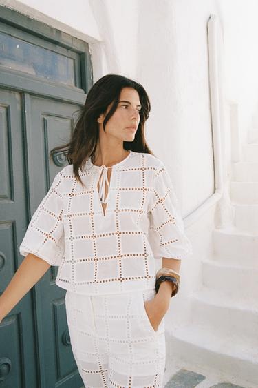 SHORT BLOUSE WITH CUTWORK EMBROIDERY - White by Zara