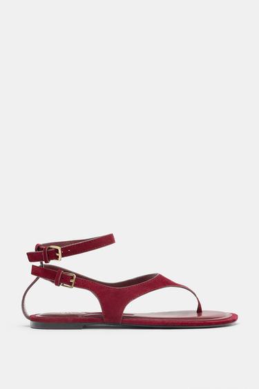 SPLIT SUEDE FLAT TOE POST SANDALS - Red by Zara