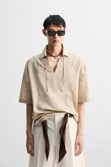 LEAF EMBROIDERY SHIRT - Brown / Taupe by Zara