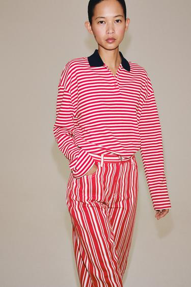 STRIPED POLO SHIRT - Ecru / Red by Zara