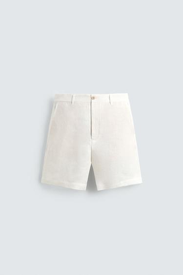 REGULAR FIT 100% LINEN BERMUDA SHORTS - White by Zara