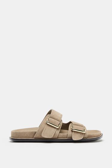 SPLIT SUEDE STRAPPY FLAT SANDALS - Sand Brown by Zara