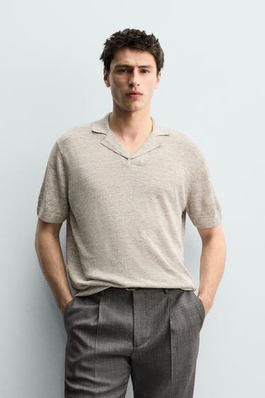 REGULAR FIT 100% LINEN KNIT POLO SHIRT - Grey marl by Zara