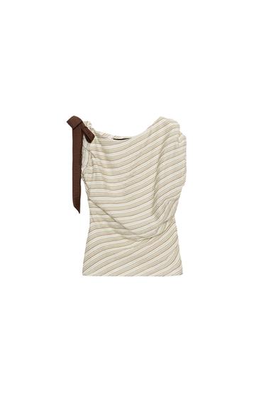 STRIPED TOP WITH BOW - Ecru / Brown by Zara