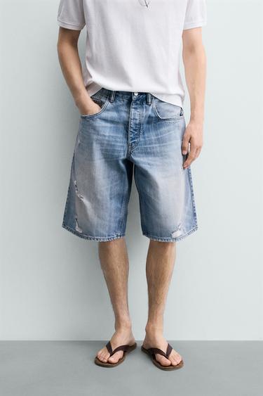 RIPPED BAGGY FIT DENIM BERMUDA SHORTS - Mid-blue by Zara
