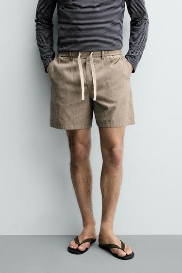 COTTON/LINEN RELAXED FIT BERMUDA SHORTS - Brown Stripes by Zara