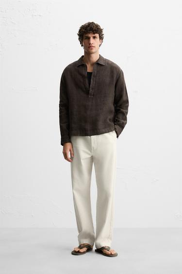 100% LINEN POLO SHIRT - Brown by Zara - Image 0