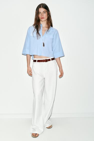 SHORT SHIRT WITH STRIPED FLAPS - White / Sky blue by Zara