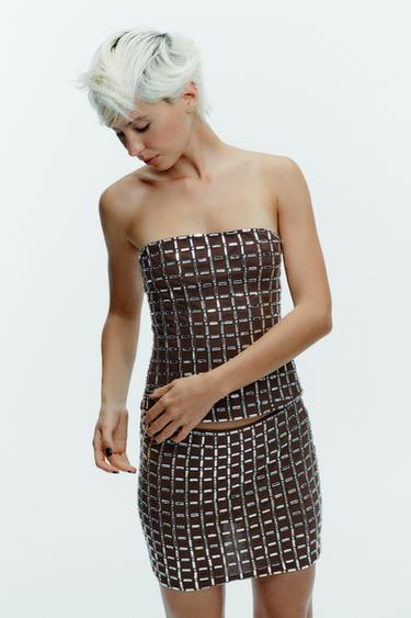 SHIMMER MESH BANDEAU TOP - Brown by Zara