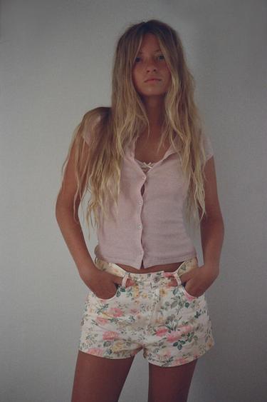 HIGH-WAIST FLORAL DENIM SHORTS - Oyster-white by Zara