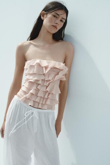 STRAPLESS TOP WITH RUFFLES - Beige-pink by Zara