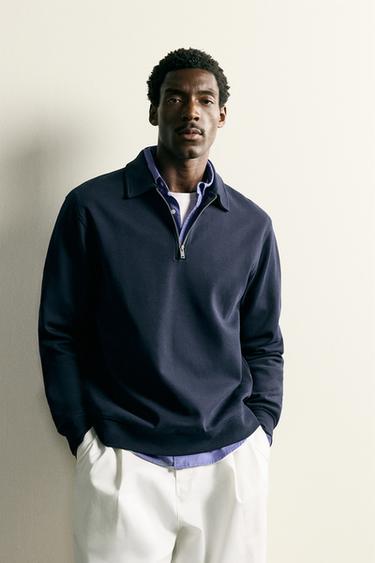INTERLOCK ZIP POLO SWEATSHIRT - Navy blue by Zara