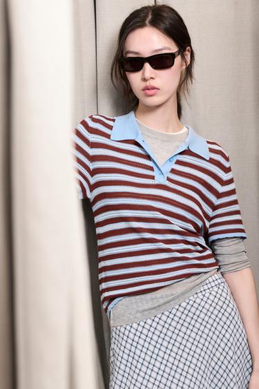 STRIPED KNIT POLO SHIRT - Blue/White by Zara