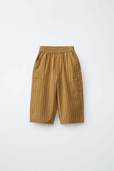 STRIPED COTTON/LINEN CARGO TROUSERS - Caramel by Zara