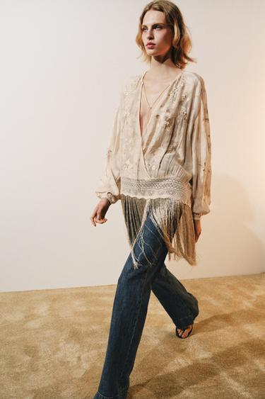 ZW COLLECTION EMBROIDERED FRINGED BLOUSE - Ecru / Beige by Zara