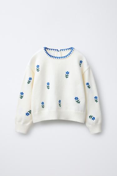 EMBROIDERED FLORAL KNIT SWEATER - Ecru by Zara - Image 0