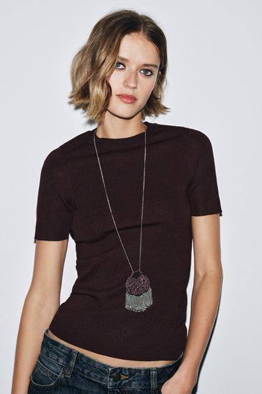 PLAIN KNIT SHORT SLEEVE TOP - Aubergine by Zara