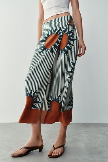 PRINTED MIDI PAREO SKIRT - Ecru / Green by Zara