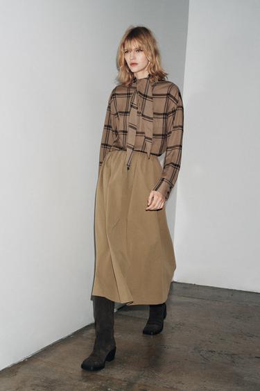 CHECK SHIRT WITH SCARF COLLAR ZW COLLECTION - Mid-camel by Zara