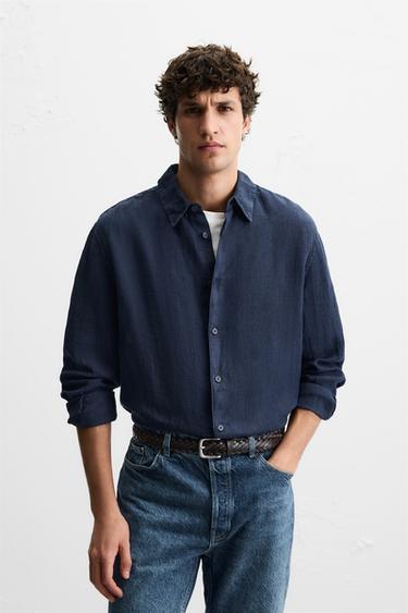 100% LINEN SHIRT - Navy blue by Zara