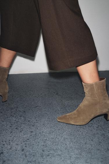 SPLIT SUEDE KITTEN HEEL ANKLE BOOTS - Taupe Grey by Zara