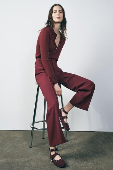 SUEDE BALLERINAS WITH STUDS - Burgundy Red by Zara - Image 0
