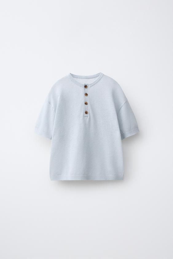 KNIT HENLEY T-SHIRT WITH LINEN AND COTTON - White / Sky blue by Zara - Image 0