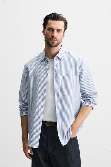 COTTON - LINEN SHIRT - Blue/White by Zara