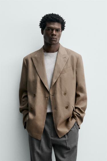 DOUBLE-BREASTED 100% LINEN SUIT BLAZER - Light mink by Zara