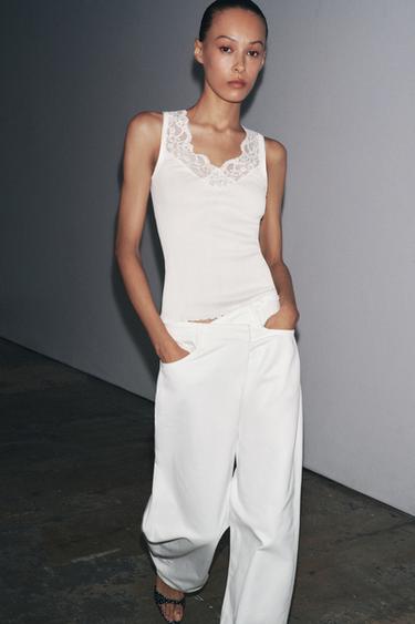 LACE RIBBED T-SHIRT - Oyster-white by Zara