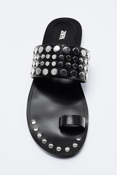 FLAT LEATHER SANDALS WITH STUDS - Black by Zara