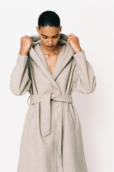SOFT HOODED BELTED COAT - Beige by Zara