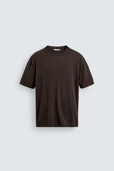 COTTON/LINEN KNIT T-SHIRT - Brown by Zara