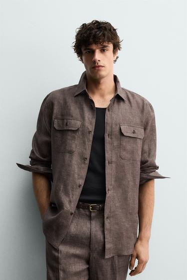 REGULAR FIT 100% LINEN SHIRT - Brown marl by Zara