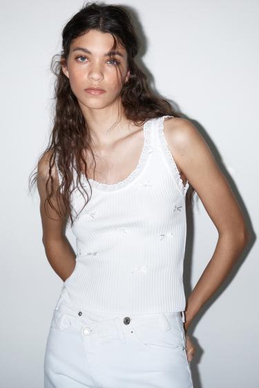 RIBBED TOP WITH LACE AND TIE DETAIL - White by Zara