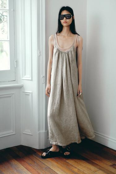 100% LINEN STRAPPY DRESS ZW COLLECTION - Grey by Zara