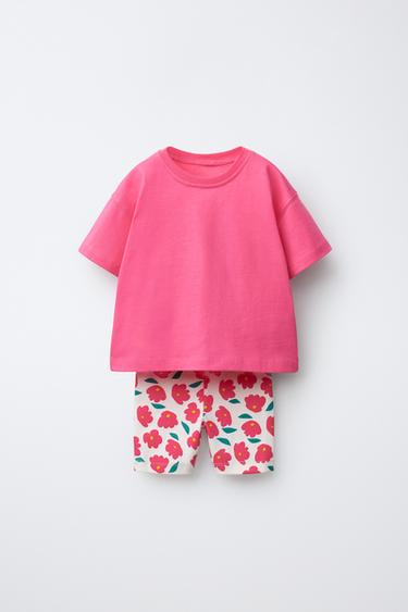 PRINTED T-SHIRT AND CYCLING RIB LEGGINGS SET - Light fuchsia by Zara