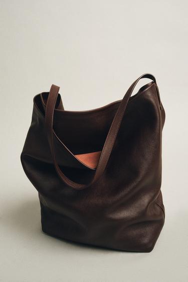 DOUBLE COMPARTMENT LEATHER BUCKET BAG - Burgundy Red by Zara