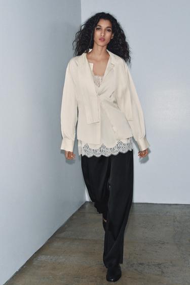 ZW COLLECTION COMBINED SATIN BLOUSE - Cream by Zara