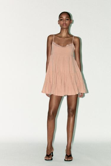 SHORT GAUZE DRESS WITH LACE - Pastel pink by Zara