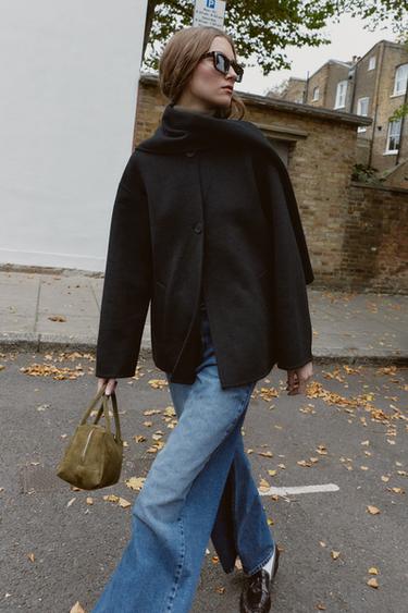 SHORT WOOL COAT WITH SCARF - Black by Zara