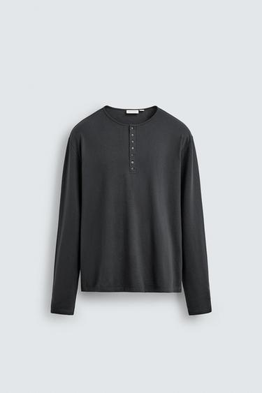 HENLEY NECK T-SHIRT - Dark grey by Zara