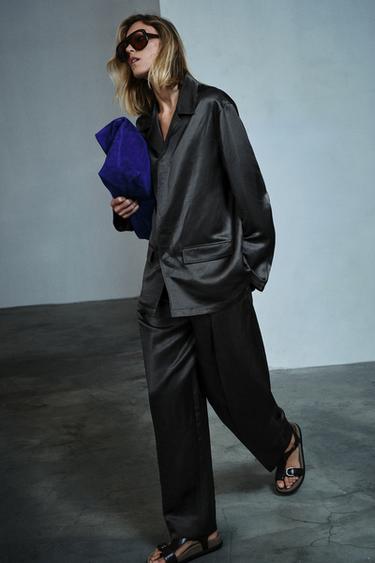 ZW COLLECTION SATIN LINEN BLEND BLAZER - Charcoal by Zara - Image 0