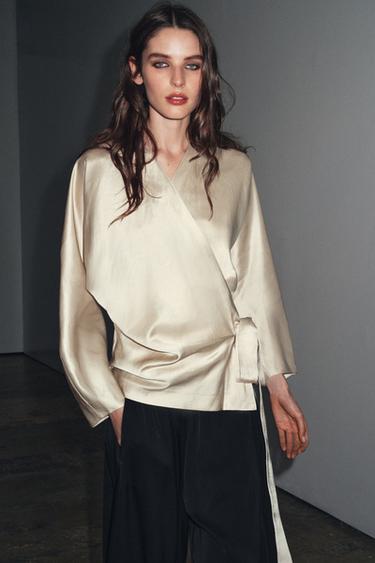 WRAP BLOUSE WITH BOW IN LINEN ZW COLLECTION - Beige by Zara