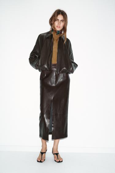 LEATHER EFFECT MIDI SKIRT - Brown by Zara