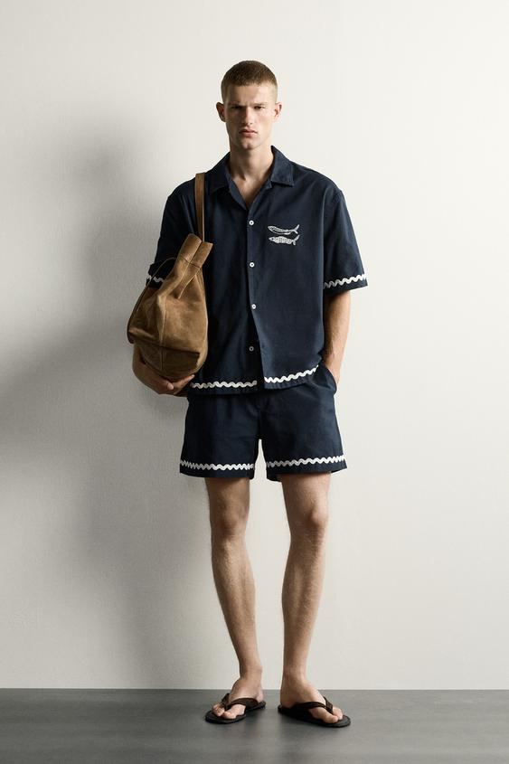 RELAXED FIT FISH EMBROIDERY SHIRT - Navy blue by Zara - Image 0