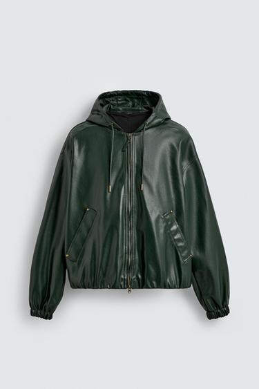 HOODED LEATHER EFFECT JACKET - Green by Zara
