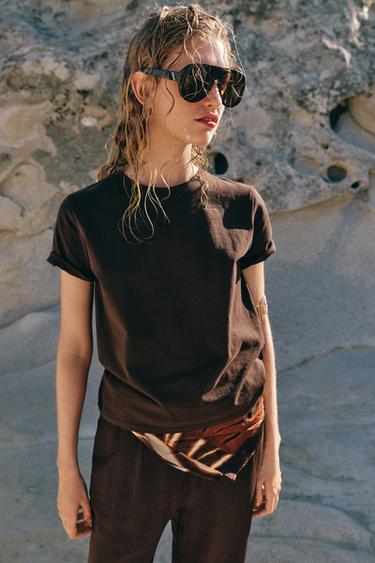 RUSTIC COTTON T-SHIRT - Chocolate by Zara