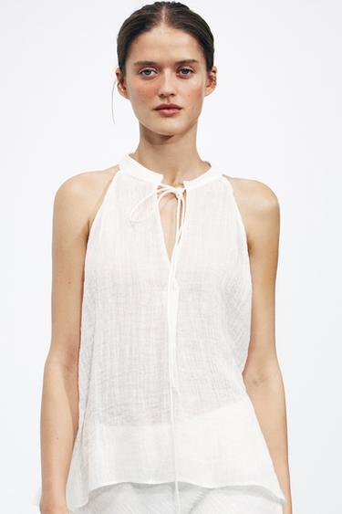 100% LINEN HALTER TOP ZW COLLECTION - Ecru by Zara